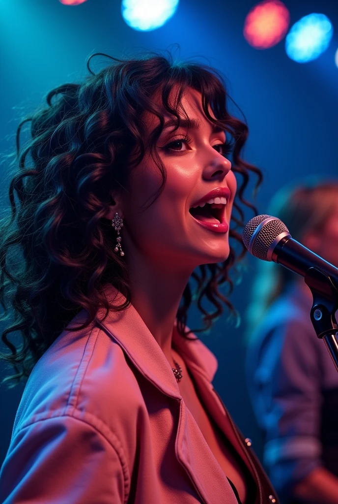 Uma banda em um show de pop rock, with Echo grace writing, with a close-up capturing the audience,, singing with microphone , cerulean, rot, Face ultra detailed, dark curly hair, blonde singer