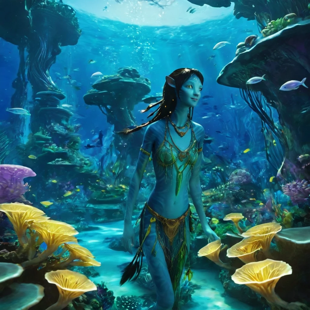 Setting: Beneath Pandora's oceans, a magical realm of shimmering blues and greens is illuminated by beams of sunlight. The bioluminescent Tree of Life stands prominently, surrounded by glowing aquatic plants and exotic sea creatures.

Characters:

Jake Sully: As a Na'vi, Jake swims gracefully, his bioluminescent patterns glowing softly. His tall, muscular figure and flowing hair blend with the underwater environment. His vivid yellow eyes and traditional Na'vi jewelry reflect his connection to Pandora.
Neytiri: Swimming alongside Jake, Neytiri moves fluidly with bioluminescent markings that intensify as she interacts with the surroundings. Her long, dark hair and traditional attire highlight her deep bond with the ocean and its wonders.
Action: Jake and Neytiri glide through the water, exploring glowing corals and sea creatures. They communicate silently, with Jake observing a school of tiny glowing fish and Neytiri gently touching a luminous jellyfish-like creature. They swim towards the Tree of Life, feeling its energy and deepening their connection to each other and Pandora.

Visual Style: The scene is dominated by shades of blue and turquoise, accented by glowing purples and greens. Natural sunlight and bioluminescent light create a mystical atmosphere, reflecting the harmony and wonder of Pandora's underwater world.