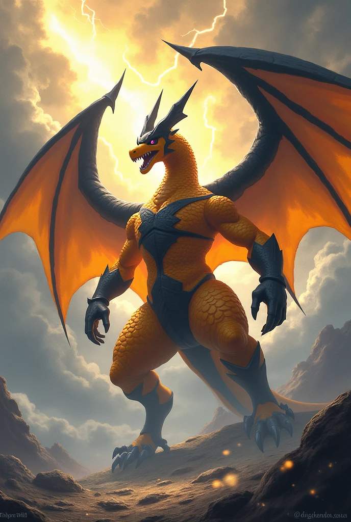 **2. Level:**
**name:** Tempestmon
**Level:** Ultimate (adult)
**Typ:** Sky Digimon
**容姿:** Tempestmon is an orange majestic, storm-like dragon digimon with huge scales, translucent wings, which look like a sky of light of life and darkness of death represented with orange accents. Its body is a mixture of bright gold and deep black, which shows a strong connection to Yin and Yang.
**skills:** Tempestmon can influence the atmosphere, create extreme weather conditions and combine both light and darkness energy, to powerful, to unleash elemental attacks.
Make a giant orange dragon with black and white horns that has a larger structure