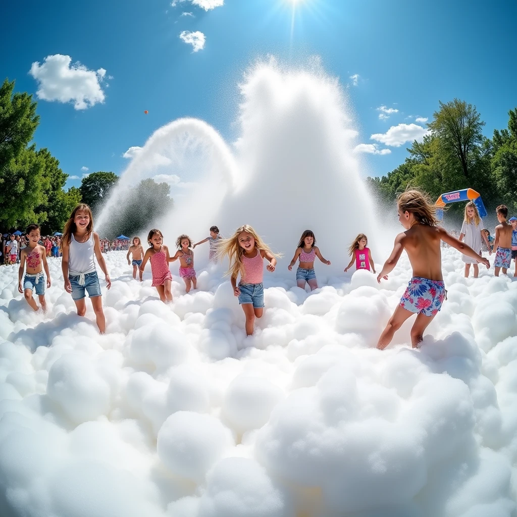 A wide-angle photo of an outdoor foam party, showing kids dancing and playing in a thick layer of foam. The foam cannon is visible in the background, continuously spraying foam, while the bright sky and surrounding greenery create a festive atmosphere.