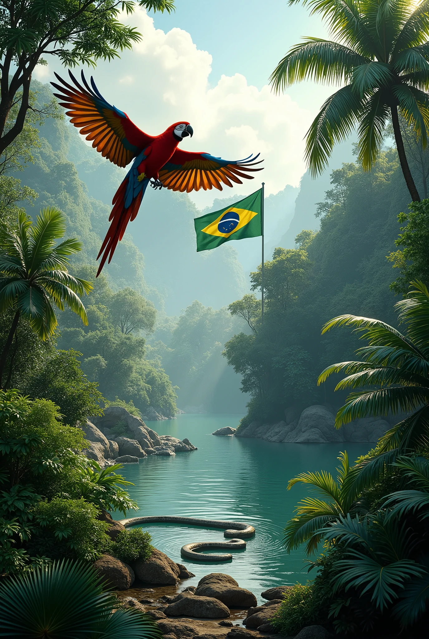 Amazon forest with Amazon flag with macaw flying near trees, and an anaconda snake in the lake