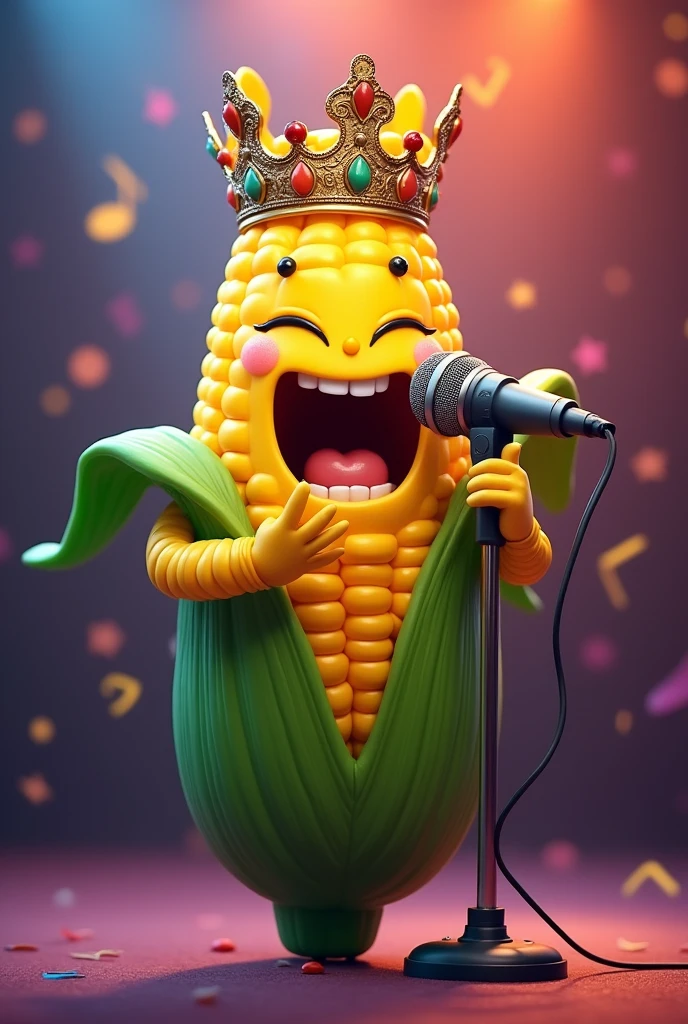 A corncob with a crown singing with a microphone