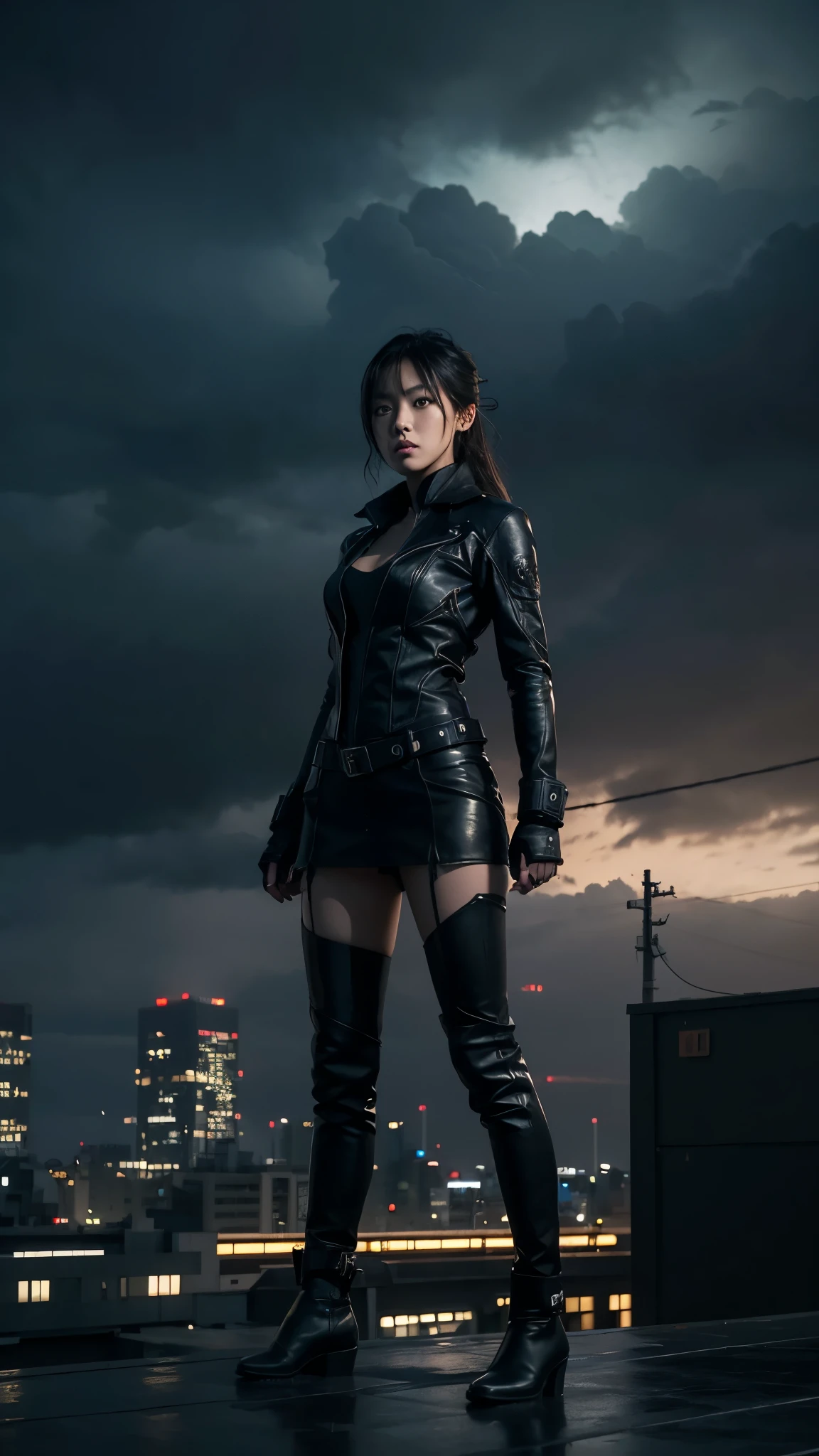 Digital artwork, concept art, a japanese beautiful girl segurando uma placa escrito: "500 subscribers" , standing on rooftop with a dark dystopian city in the background, dynamic pose, fierce, comics style, extremely intricate, extremely detailed, ominous lighting, dramatic lighting, dark stormy night, shot with Hasselblad, long exposure