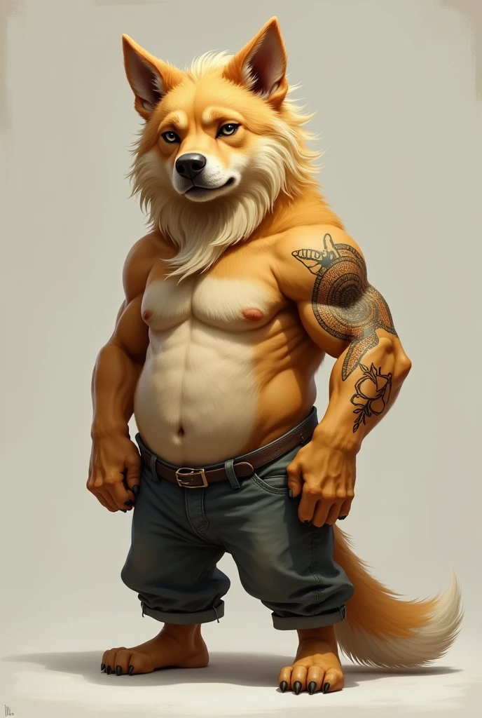 Make a blonde furry mutt dog, with ears lowered, he is a little muscular, he only wears simple pants, he has a wind rose tattoo inside his replacement eye, since he lost his eye 