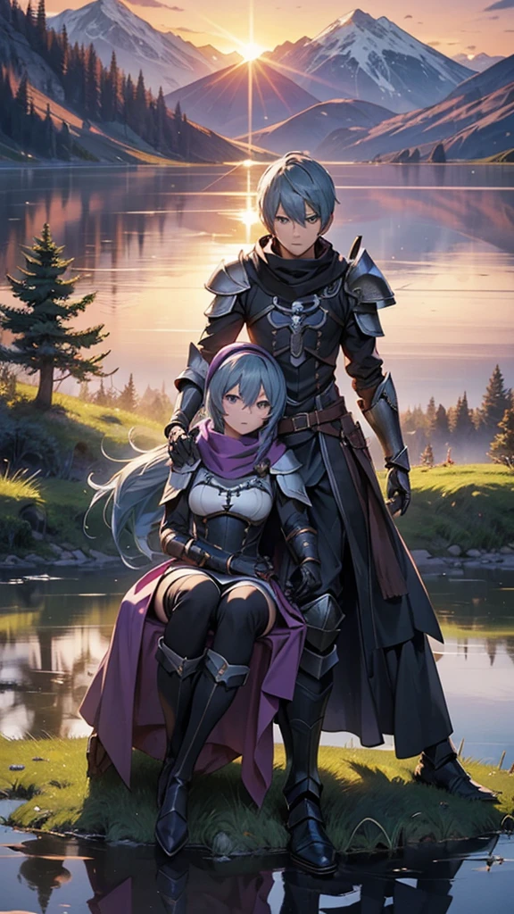 1girl, 1boy, (best quality, beruka, gauntlets), armor, purple scarf, black gloves, pants, boots, bandana on the head, sitting, in front, trees, mountain, beautiful scenery in the background, soft sunset, subtle reflections on the ground. Holding hands, upper body portrait