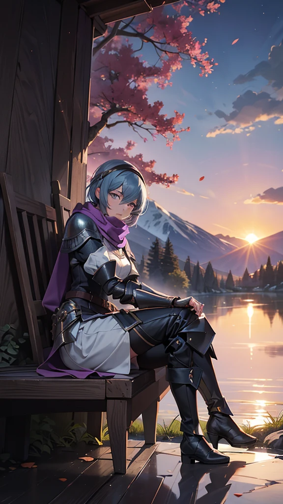 1girl, 1boy, (best quality, beruka, gauntlets), armor, purple scarf, black gloves, pants, boots, bandana on the head, sitting, in front, trees, mountain, beautiful scenery in the background, soft sunset, subtle reflections on the ground. Holding hands, upper body portrait 