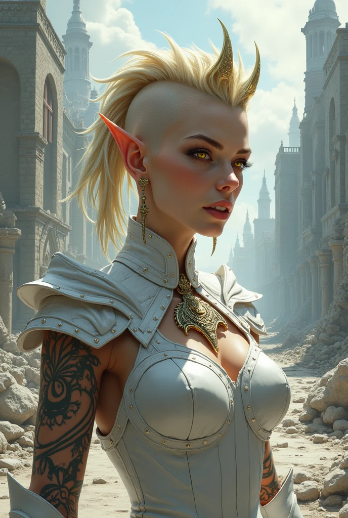 extremely powerful, strong blonde elf woman, white warrior empress uniform [the outfit shows her excellent physique]; punk undercut haircut shaved on the left side, on the left side of the hair there is a dragon design, has a crown-shaped horn that starts behind the head at the nape of the neck, she is laughing like a villain and her teeth are clenched dragon fangs; her lizard-like collar is her fire-colored eyes; she has claws instead of nails; tribal Maori tattoos up to the forearm. the scene behind the character is completely destroyed, it is a ruin of a medieval city. 2D artistic drawing. size 1920x1080 4k