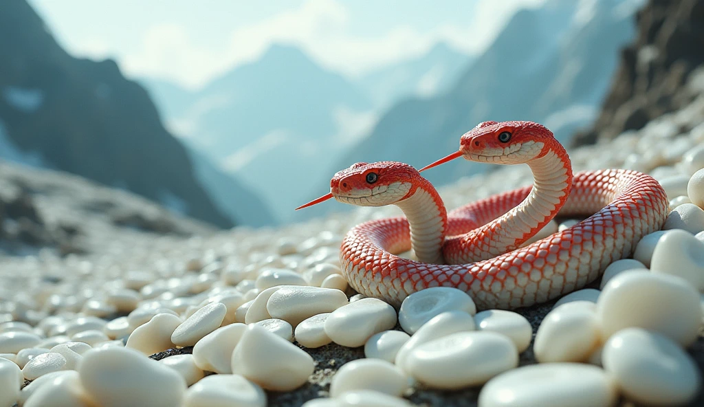 There are many white jades and pit vipers with spikes on their noses between red and white rings on the mountain.（best quality，4K，8k，High level，masterpiece：1.2），Ultra Detailed，（lifelike，Photo real，Photo real：1.37）