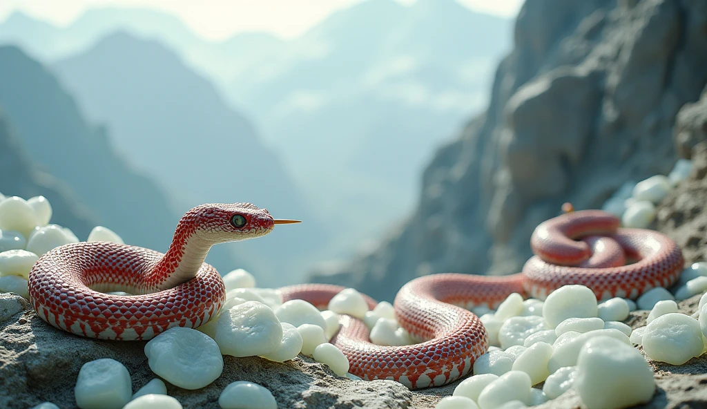 There are many white jades and pit vipers with spikes on their noses between red and white rings on the mountain.(best quality,4K,8k,High level,masterpiece:1.2),Ultra Detailed,(lifelike,Photo real,Photo real:1.37)