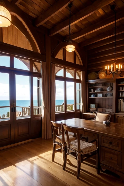 Southern Island Desk、indirect lighting、Wood Deck、Country atmosphere、Woodhouse、antique、A little bit European、living、indoor、antique家具、Holiday Homes、sofa、cushion、Large windows、Outside you can see palm trees and a sandy beach.、The pillars and walls of the room are all made of wood.、There are books and coffee on the desk、The furniture has a modern gothic feel、A room with a lot of stuff、The lighting is a bare bulb、Increase the number of star-themed miscellaneous goods and accessories、外は夕方でSunset skyが窓から見える、View of sandy beach and palm trees、The window is empty、The curtains are fluttering in the wind、In the evening atmosphere、More sad evening air、It&#39;s a house by the sea、The sunset is reflected in the sea, making it red.、The darkening atmosphere of the evening、Swedish furniture、There are lots of photo frames and decorations.、Outside, the sea is right next to me.、The sunset reflects on the sea、夕方だから少し暗くてRed Skyなの、It&#39;s getting better、Outside there&#39;s the sea, the sand and the palm trees、Sunset sky、It&#39;s evening outside、窓から見える景色がSunset skyなの、That&#39;s good.！More red sunsets、Return to the evening、Red Sky、外のWood Deckから夕日を眺めたいね、Make the furniture more European、もっとSunset skyでもっと赤い雰囲気、Maybe I should get some gothic furniture?