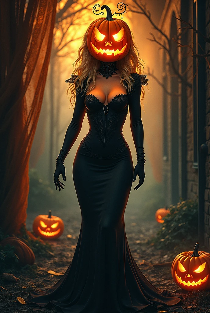 🕷️ Halloween atmosphere,ghost with a pumpkin head style Tim Burton style , Catherine Abel beautifully detailed rendering,cinematic, blonde in a bride costume cleavage big balls, fitness babe woman, костюм Хеллоуин 🎃 ткань тыква, Bokeh effect, bright dark tones, inputwo art drawing style, dress suit bikini, comic drawing style, eerie beauty, jelly suit, Halloween costume,