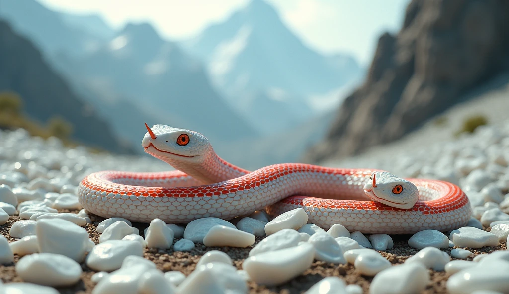 There are many white jades and pit vipers with spikes on their noses between red and white rings on the mountain.(best quality,4K,8k,High level,masterpiece:1.2),Ultra Detailed,(lifelike,Photo real,Photo real:1.37)