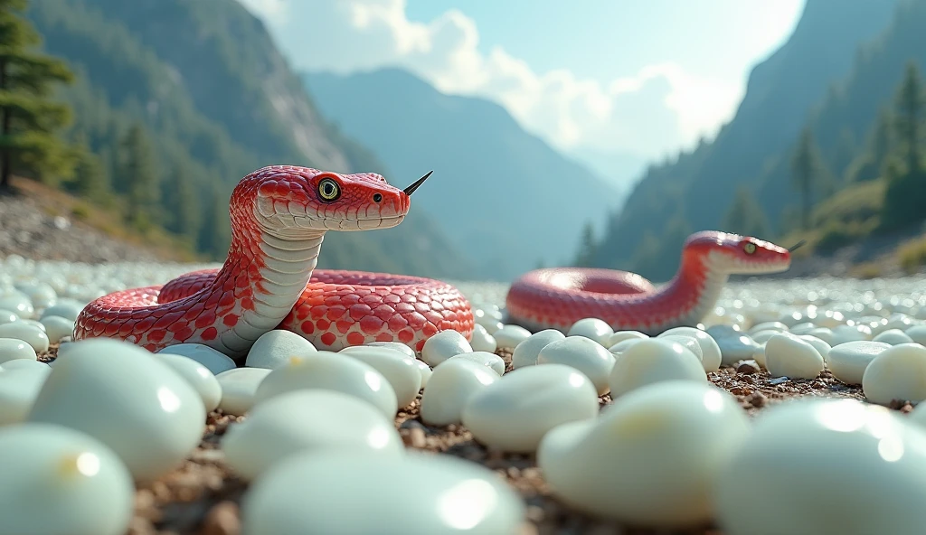 There are many white jades and pit vipers with spikes on their noses between red and white rings on the mountain.(best quality,4K,8k,High level,masterpiece:1.2),Ultra Detailed,(lifelike,Photo real,Photo real:1.37)