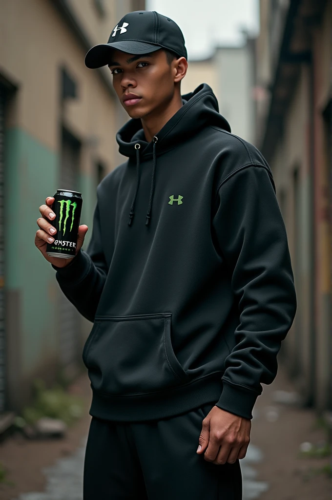 Imagine un mec avec une casquette Under Armour vêtu de noir il tient une canette de Monster dans sa main énergie