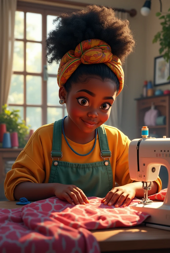 Chubby black girl sewing
