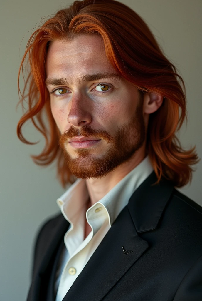 Young man with long red hair, slightly slanted brown eyes and beard, wearing suit Realistic style 