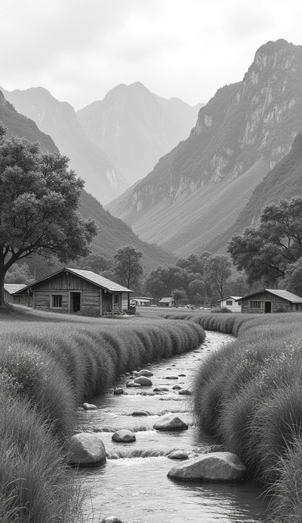 beautiful landscape, pencil draw, Coal chips, mountain view, spring time, typical trees and vegetables of south america (brazil), a village with small, rustic houses, crystal clear stream