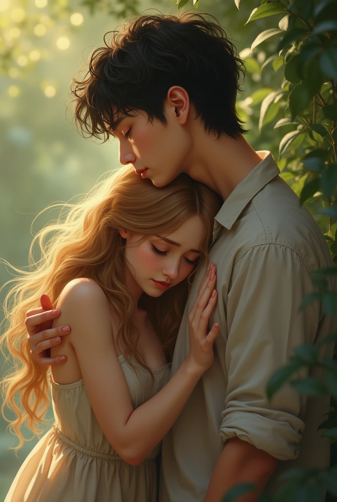 Beautiful slim girl with long blond hair. The girl is leaning on the shoulder of a boy with short black hair. The girl has a sprained ankle. You can see the pain on her face.