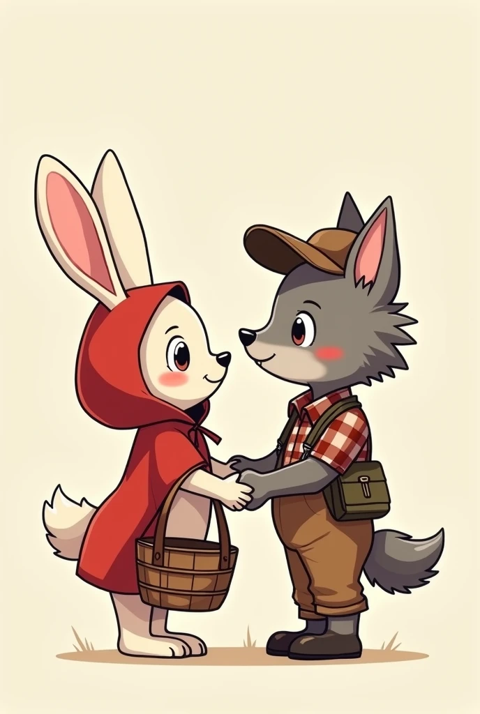A rabbit wearing a Little Red Riding Hood costume and a wolf wearing a hunter costume stand together as lovers. Chibi Studio style lines Standing in turns
