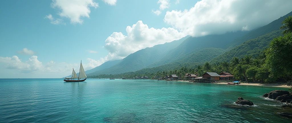Village from ancient Ternate island, Maluku, Indonesia, beside a ocean and Ternate mountain, there is no peoples, kora-kora ships, hyper realistic, masterpiece, best quality, ultra-detailed, UHD, 64K
