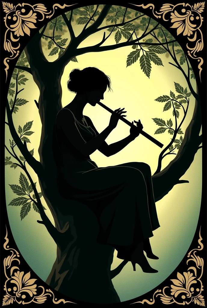 Woman playing the short flute with both hands sitting in a tree, Renaissance style.
Very decorated frame, Mucha Style. Seen as a shadow, logo type. Godiva style