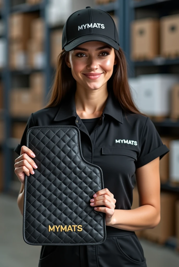 A hyper-realistic image of a beautiful young Latina woman with a stunning face, attractive features, and a perfect figure, standing confidently in a professional automotive service center. She is wearing a branded uniform consisting of a jumpsuit, cap, and T-shirt. Both the jumpsuit and cap are emblazoned with the "MYMATS" logo. The woman is holding and showcasing an automotive 3D car mat made of black eco-leather to the camera. She is displaying a driver's side mat with high edges and an extended flap that covers the floor along the door sill. The mat features diamond quilting in white thread, with each diamond uniformly sized. The mat is also embroidered with the word "MYMATS" in large, bold golden letters. Behind her, the blurred background reveals a warehouse with shelves displaying other company products, adding depth and context to the scene.

