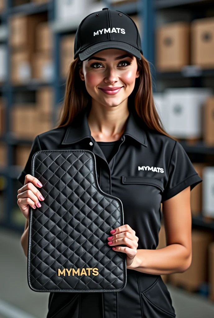 A hyper-realistic image of a beautiful young Latina woman with a stunning face, attractive features, and a perfect figure, standing confidently in a professional automotive service center. She is wearing a branded uniform consisting of a jumpsuit, cap, and T-shirt. Both the jumpsuit and cap are emblazoned with the "MYMATS" logo. The woman is holding and showcasing an automotive 3D car mat made of black eco-leather to the camera. She is displaying a driver's side mat with high edges and an extended flap that covers the floor along the door sill. The mat features diamond quilting in white thread, with each diamond uniformly sized. The mat is also embroidered with the word "MYMATS" in large, bold golden letters. Behind her, the blurred background reveals a warehouse with shelves displaying other company products, adding depth and context to the scene.