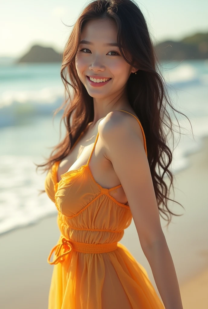 (8k, RAW photo, best quality, masterpiece:1.2), (realistic, photo-realistic:1.4), (extremely detailed 8k wallpaper), sharp focus, depth of field, blur background, bokeh,  cinematic lighting, soft light, full body photo, 1 very cute japanese actress with a very huge breats with cleavage, posing on the beach, (colour short see-through dress: 1.5), with smile, with big breast,