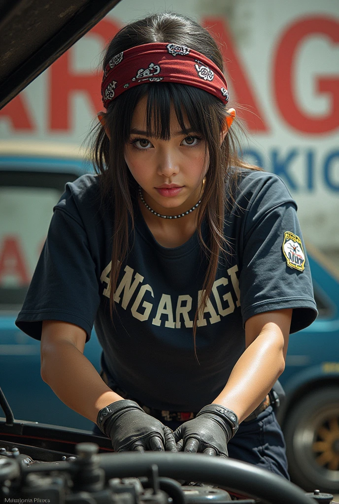 Girl with tuning car,bandana,tokio in background,angarage as shirt text,angarage text