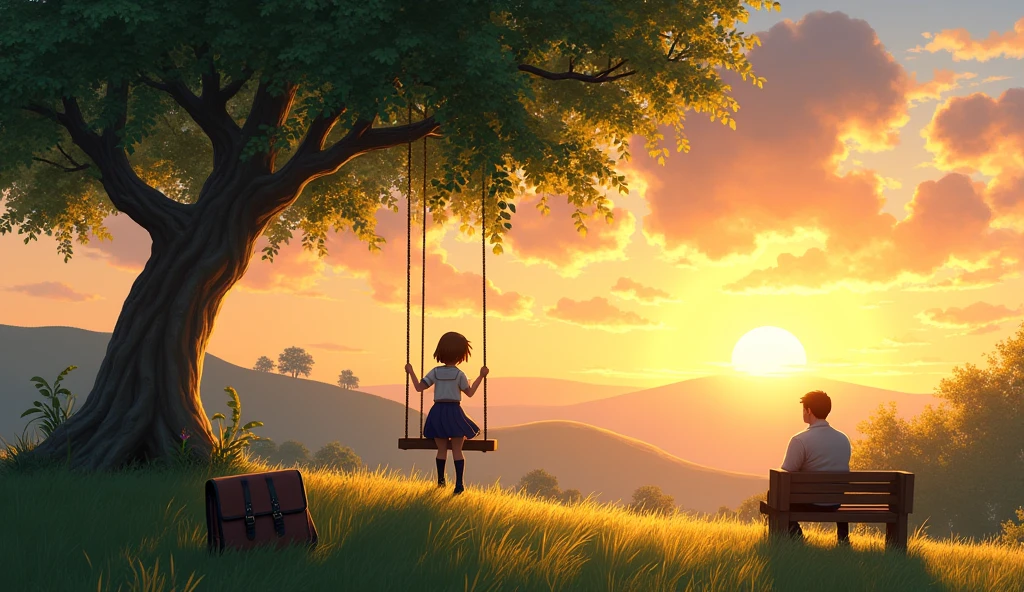 A Tree which is at bottom left ,with bushy leaves and below the tree at the left there is a school bag and at the right of the tree is a swing and a school girl is swinging in it turning backside. At the left of school bag there is a seater bench and one man is seated on that bench looking at the sunset at the background through 3 hills