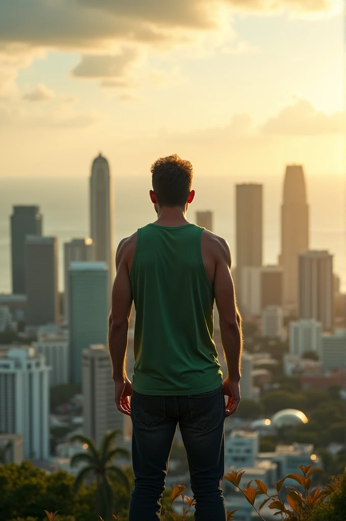 A man in green tank top and black jeans looking at Miami city from a far distance, we can see it from his back side, day time, volumetric lighting.