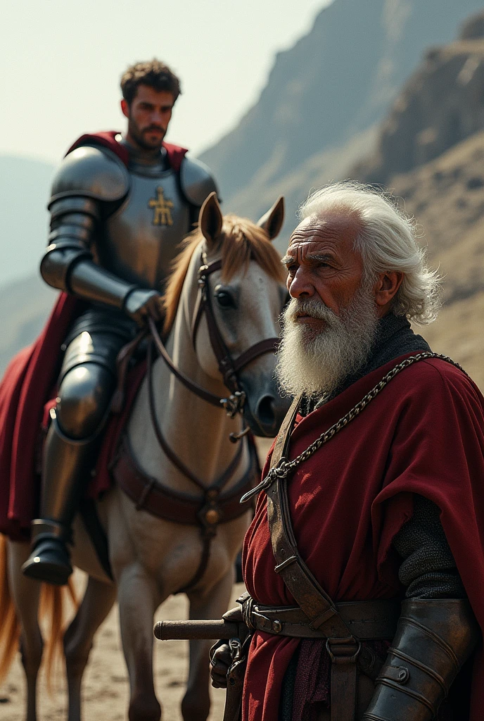 a young knight on his horse goes to war, and a very old man looks at him tiredly