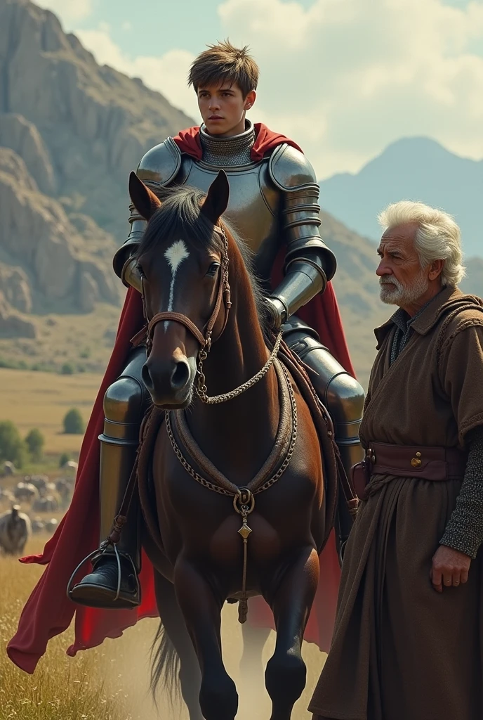 a young knight on his horse goes to war, and a very old man looks at him tiredly