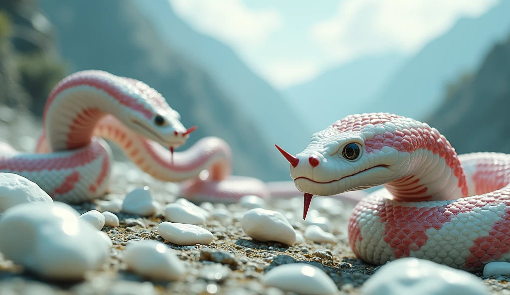 There are many white jades and pit vipers with spikes on their noses between red and white rings on the mountain.（best quality，4K，8k，High level，masterpiece：1.2），Ultra Detailed，（lifelike，Photo real，Photo real：1.37）
