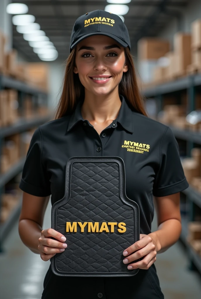 A hyper-realistic image of a beautiful young Latina woman with a stunning face, attractive features, and a perfect figure, standing confidently in a professional automotive service center. She is wearing a branded uniform consisting of a jumpsuit, cap, and T-shirt. Both the jumpsuit and cap are emblazoned with the "MYMATS" logo. The woman is holding and showcasing an automotive 3D car mat made of black eco-leather to the camera. She is displaying a driver's side mat with high edges and an extended flap that covers the floor along the door sill. The mat features diamond quilting in white thread, with each diamond uniformly sized. The mat is also embroidered with the word "MYMATS" in large, bold golden letters. Behind her, the blurred background reveals a warehouse with shelves displaying other company products, adding depth and context to the scene.

