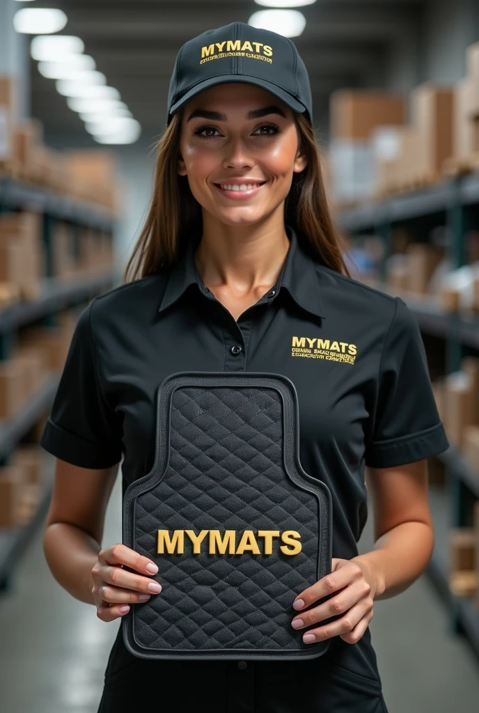 A hyper-realistic image of a beautiful young Latina woman with a stunning face, attractive features, and a perfect figure, standing confidently in a professional automotive service center. She is wearing a branded uniform consisting of a jumpsuit, cap, and T-shirt. Both the jumpsuit and cap are emblazoned with the "MYMATS" logo. The woman is holding and showcasing an automotive 3D car mat made of black eco-leather to the camera. She is displaying a driver's side mat with high edges and an extended flap that covers the floor along the door sill. The mat features diamond quilting in white thread, with each diamond uniformly sized. The mat is also embroidered with the word "MYMATS" in large, bold golden letters. Behind her, the blurred background reveals a warehouse with shelves displaying other company products, adding depth and context to the scene.