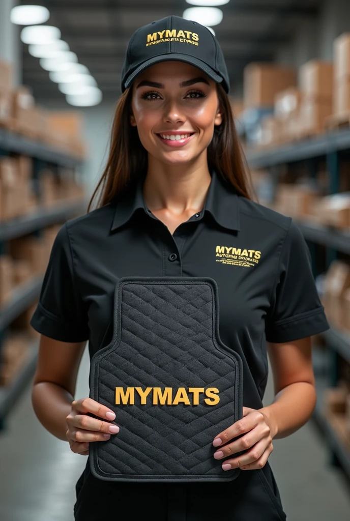A hyper-realistic image of a beautiful young Latina woman with a stunning face, attractive features, and a perfect figure, standing confidently in a professional automotive service center. She is wearing a branded uniform consisting of a jumpsuit, cap, and T-shirt. Both the jumpsuit and cap are emblazoned with the "MYMATS" logo. The woman is holding and showcasing an automotive 3D car mat made of black eco-leather to the camera. She is displaying a driver's side mat with high edges and an extended flap that covers the floor along the door sill. The mat features diamond quilting in white thread, with each diamond uniformly sized. The mat is also embroidered with the word "MYMATS" in large, bold golden letters. Behind her, the blurred background reveals a warehouse with shelves displaying other company products, adding depth and context to the scene.