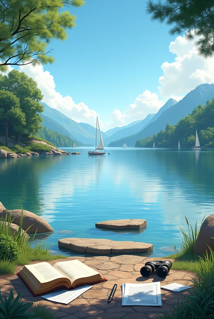 "A calm lake with a few sailboats in the distance, surrounded by lush green hills and towering trees. On the shore, an open book lies next to a pair of binoculars, with a few papers and a pen scattered around. The sky is clear with a few fluffy white clouds, representing clarity and new ideas. In the foreground, a few stepping stones lead into the lake, inviting the viewer to take a step forward and explore." Size (1.91:1)