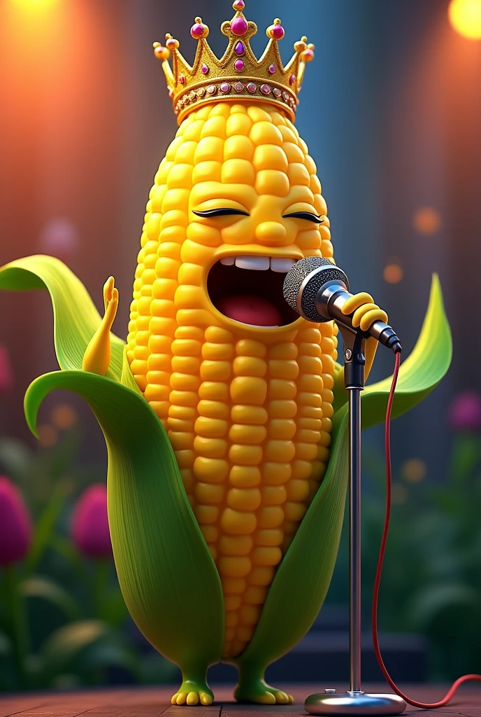 A corncob with a crown singing with a microphone

