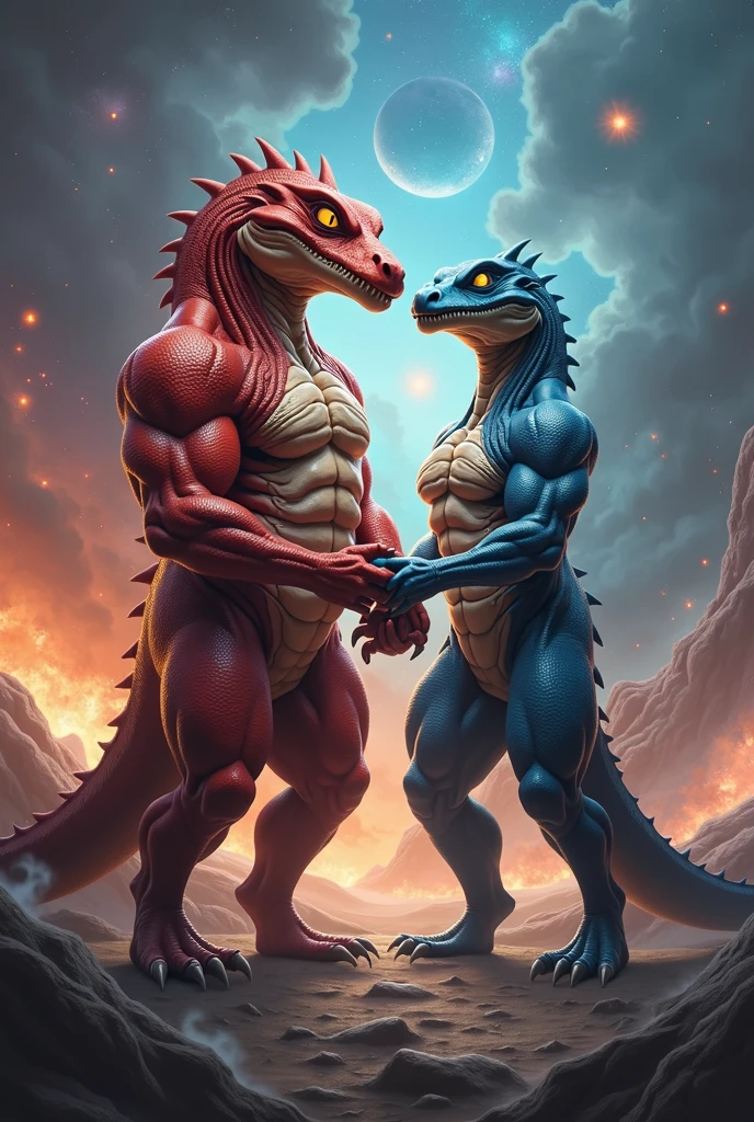 There are two male beings , one of them is a muscular humanoid red alligator being and his eyes are yellow and the other man is a pumped up humanoid blue lizard being with yellow eyes. The two seem to like each other and are holding hands., and in the background there is a cosmic war scene.