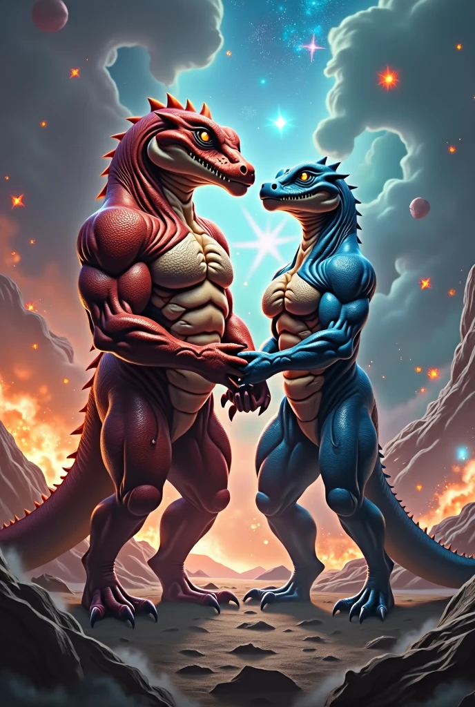There are two male beings , one of them is a muscular humanoid red alligator being and his eyes are yellow and the other man is a pumped up humanoid blue lizard being with yellow eyes. The two seem to like each other and are holding hands., and in the background there is a cosmic war scene.