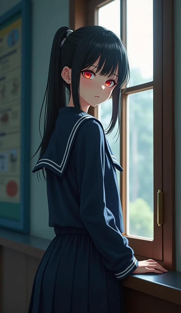 A beautiful girl with red eyes wearing a navy blue sailor uniform standing by the window in the classroom, (((red eyes))), Highest quality、Highest quality、Masterpiece、Ultra high definition、Reality、Detailed eyes and face、Professional photography techniques、Glowing red eyes、Mysterious Space、Overlord color supremacy、fierce々Expressing a new aura