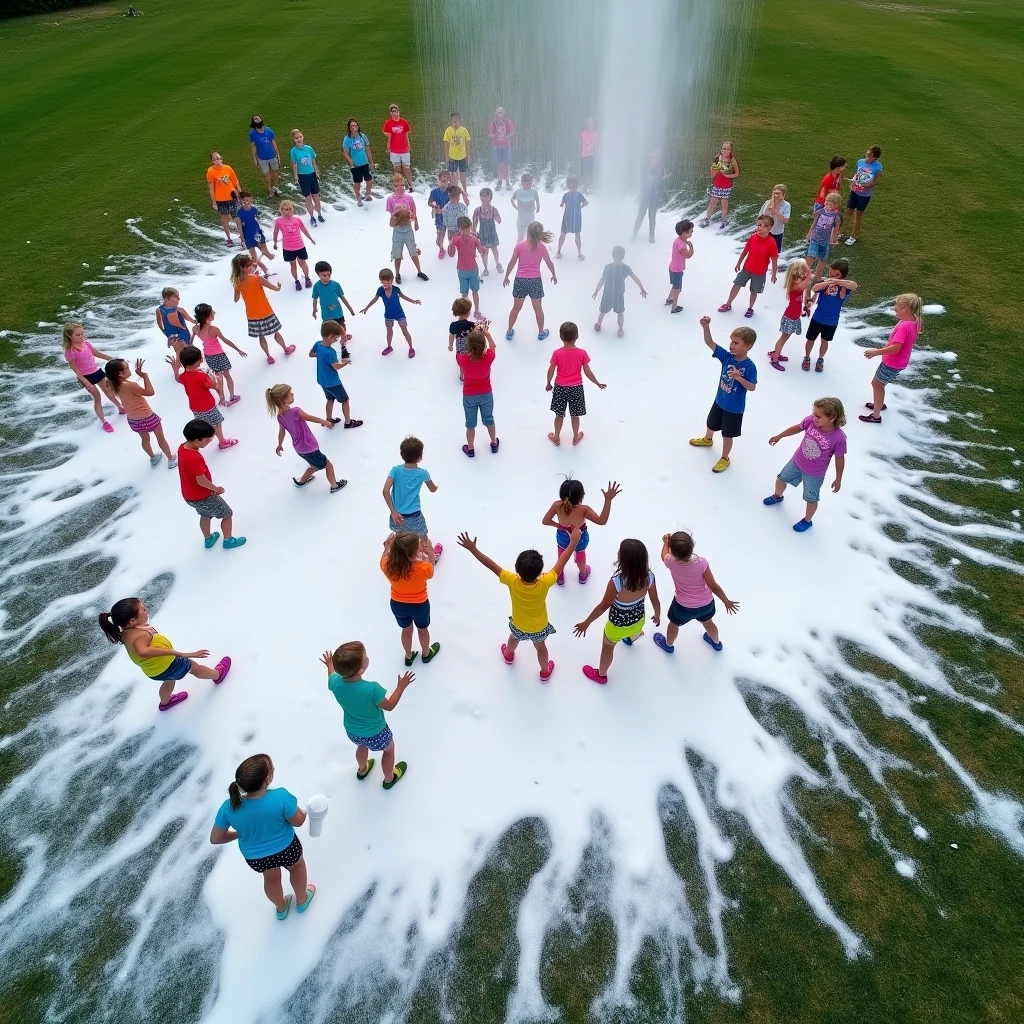 Aerial view photo capturing a large foam party where dozens of kids are playing under a foam cannon. The scene shows the foam spread across a grassy field, with the kids’ vibrant clothing contrasting against the white foam.
