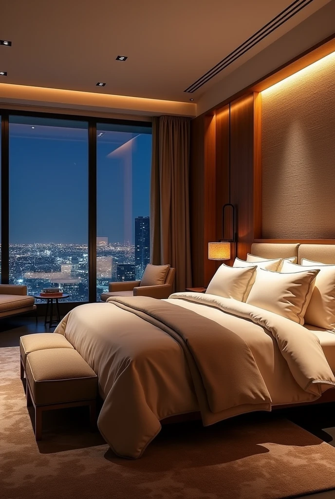 Luxurious master bedroom with king-size bed and luxurious linens, Textured wooden wall as a background. The room is warm, Modern bedside lamps and chandeliers provide soft lighting for a cosy atmosphere.。. Near the floor-to-ceiling windows、There is a cozy sitting area with plush armchairs and a small coffee table.。, Enjoy a private and beautiful night view, View through sleek glass doors, Modern cityscape at night