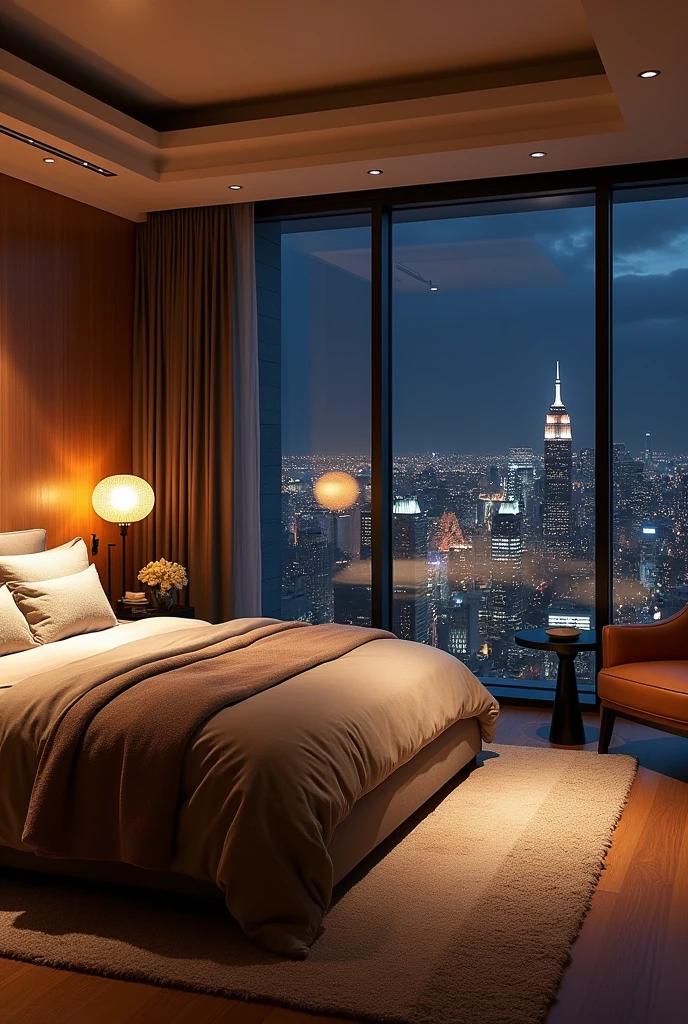 Luxurious master bedroom with king-size bed and luxurious linens, Textured wooden wall as a background. The room is warm, Modern bedside lamps and chandeliers provide soft lighting for a cosy atmosphere.。. Near the floor-to-ceiling windows、There is a cozy sitting area with plush armchairs and a small coffee table.。, Enjoy a private and beautiful night view, View through sleek glass doors, Modern cityscape at night