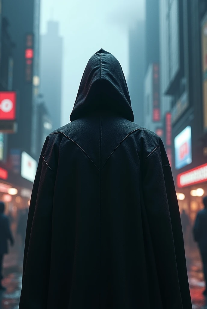 man in hood from behind,cyberpunk style game