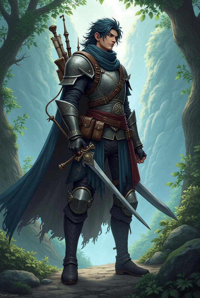 As if a Japanese anime light novel cover. Without writing. Features main character The Mage Hunter. Fantasy medieval ranger style mage hunter light armor. Belts and pouches and equipment for capturing mages. Shortsword sheathed on belt. Potion pouch, scroll tubes, wand bandolier.
