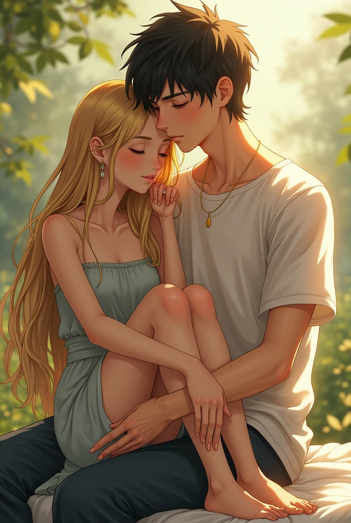 Beautiful slim girl with long blond hair. The girl is leaning on the shoulder of a boy with short black hair. The girl has a sprained ankle.