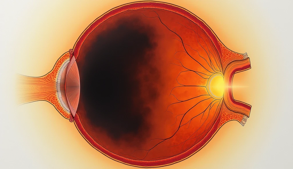 Visual representation of solar retinopathy, showing the retina with dark spots and blurred areas. The image should look like a high-resolution medical illustration, demonstrating the potential damage caused by staring at an eclipse without protection.

