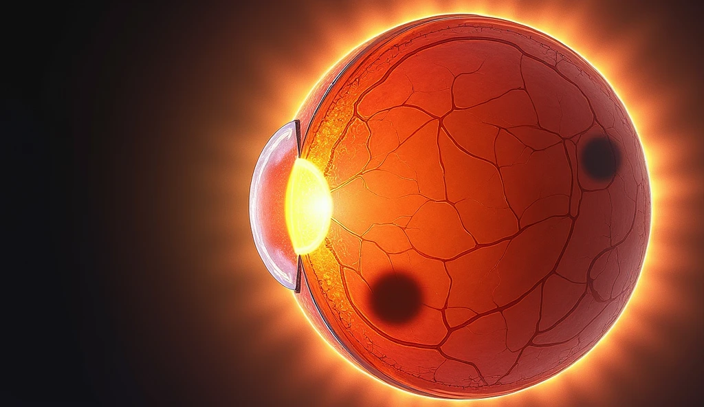 Visual representation of solar retinopathy, showing the retina with dark spots and blurred areas. The image should look like a high-resolution medical illustration, demonstrating the potential damage caused by staring at an eclipse without protection.
